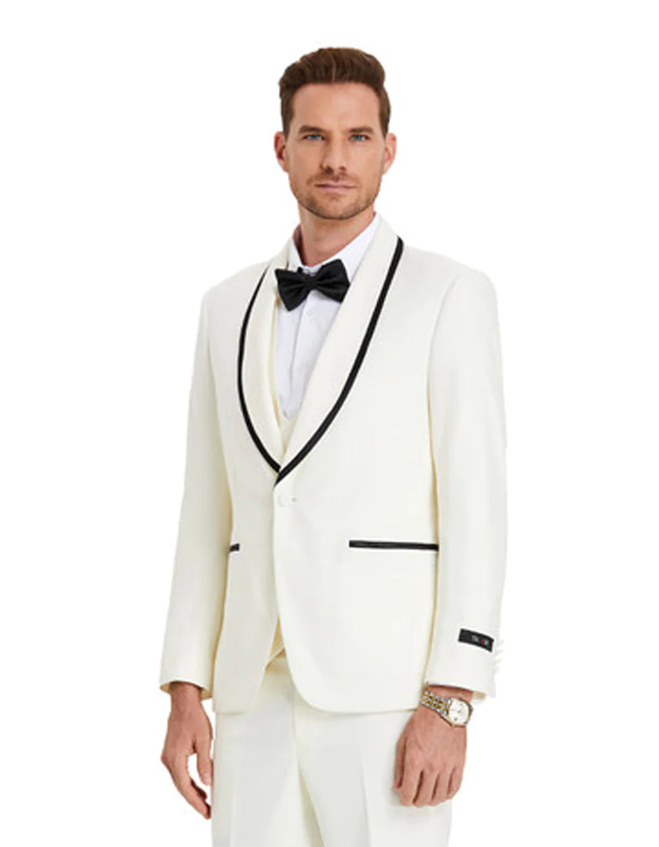 "Mens Modern Fit Vested Shawl Tuxedo Suit in Ivory with Black Trim"