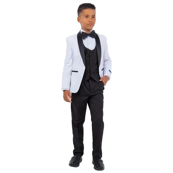 New Perry Ellis Boys White Tuxedo Set, Solid 5-Piece Black Shawl Collar