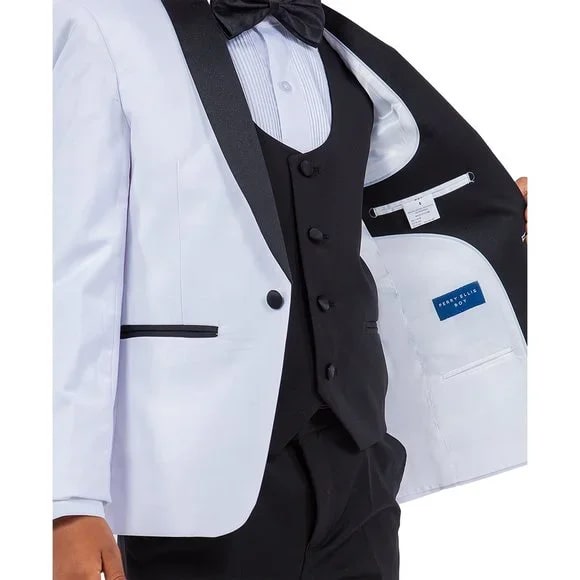 New Perry Ellis Boys White Tuxedo Set, Solid 5-Piece Black Shawl Collar