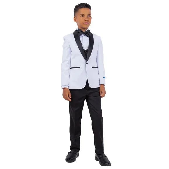 New Perry Ellis Boys White Tuxedo Set, Solid 5-Piece Black Shawl Collar