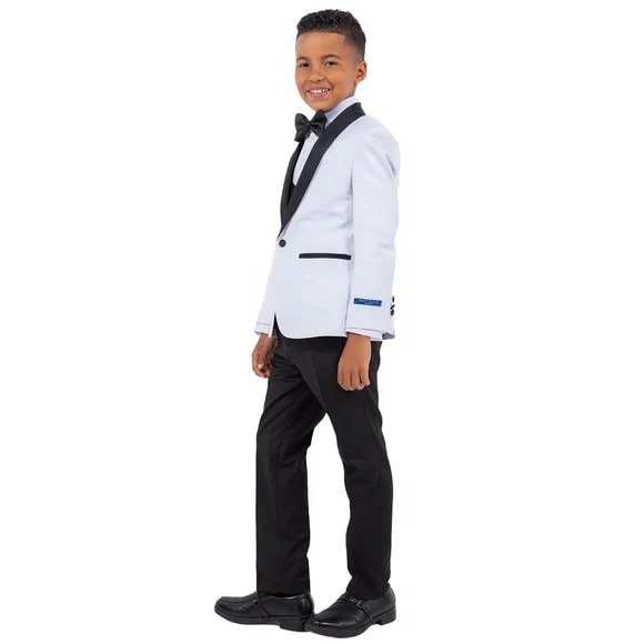 New Perry Ellis Boys White Tuxedo Set, Solid 5-Piece Black Shawl Collar