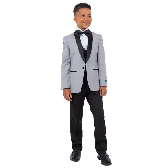 New Perry Ellis Boys Light Gray Tuxedo Set, Solid 5-Piece Black Shawl Collar