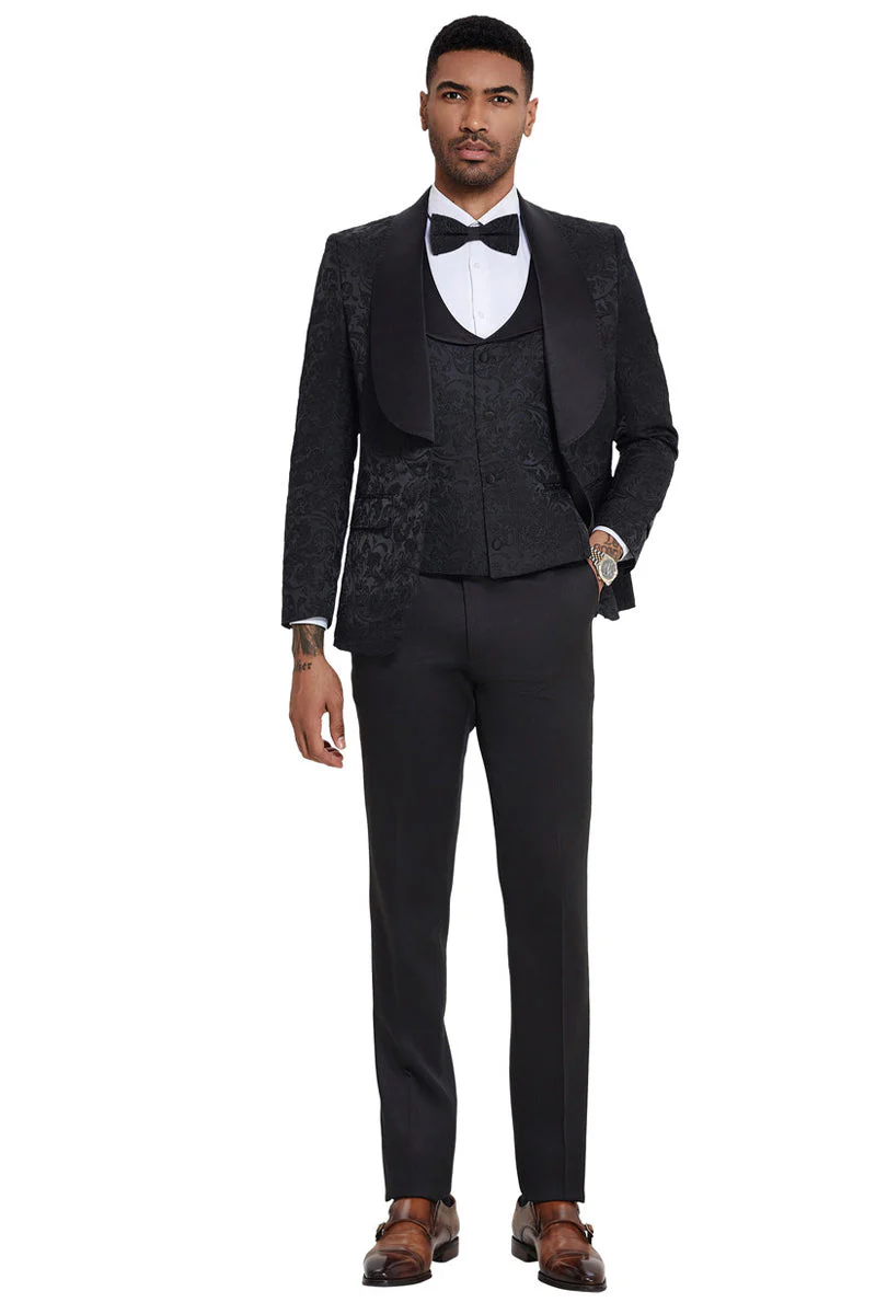 Mens Designer Wedding & Prom Shawl Lapel Vested Paisley Tuxedo in Black - 34 Short or Extra Small