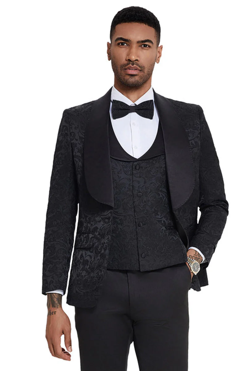 Mens Designer Wedding & Prom Shawl Lapel Vested Paisley Tuxedo in Black - 34 Short or Extra Small