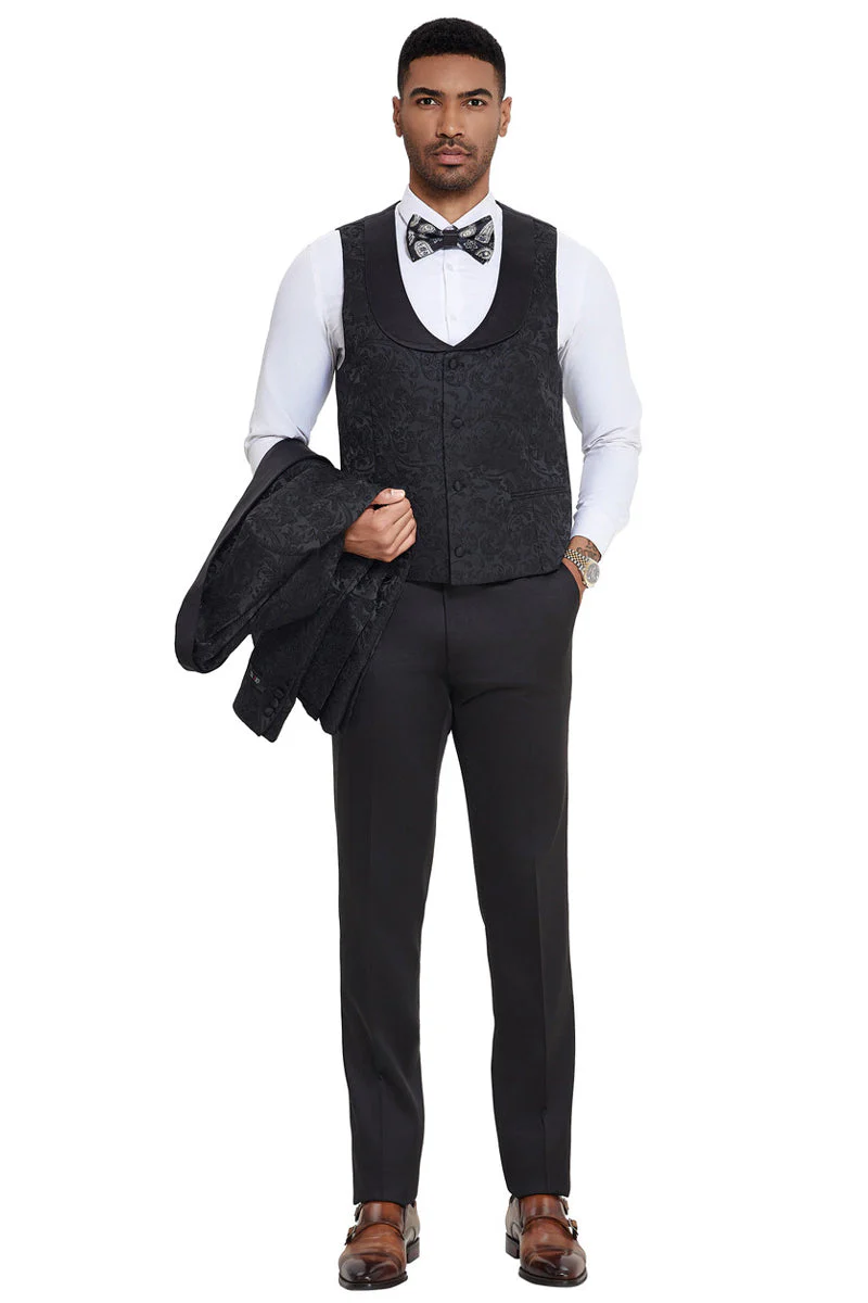 Mens Designer Wedding & Prom Shawl Lapel Vested Paisley Tuxedo in Black - 34 Short or Extra Small