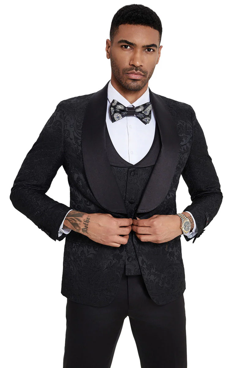 Mens Designer Wedding & Prom Shawl Lapel Vested Paisley Tuxedo in Black - 34 Short or Extra Small