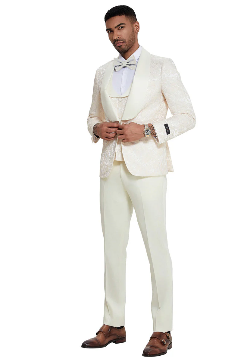 Mens Designer Wedding & Prom Shawl Lapel Vested Paisley Tuxedo in Ivory - 34 Short or Extra Small