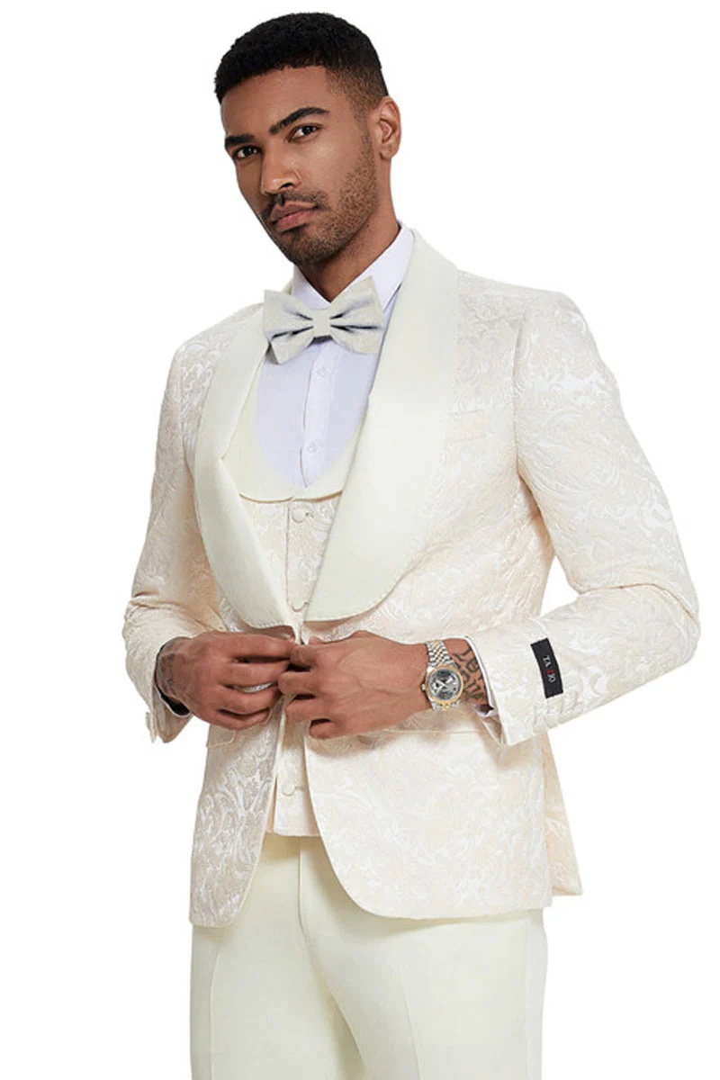 Mens Designer Wedding & Prom Shawl Lapel Vested Paisley Tuxedo in Ivory - 34 Short or Extra Small