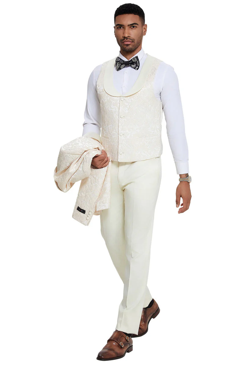 Mens Designer Wedding & Prom Shawl Lapel Vested Paisley Tuxedo in Ivory - 34 Short or Extra Small