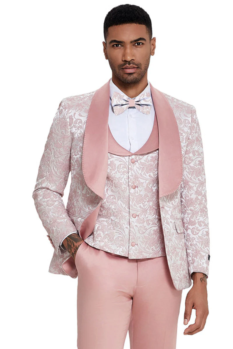 Mens Designer Wedding Prom Shawl Lapel Vested Paisley Tuxedo in Pink - 34 Short or Extra Small