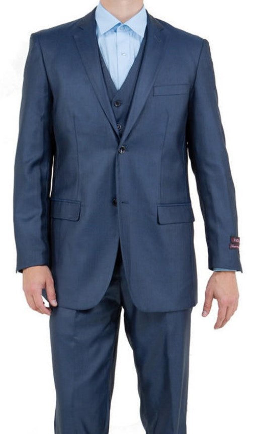 Mens Shiny Blue Sharkskin 3 Piece Single Breasted Suit