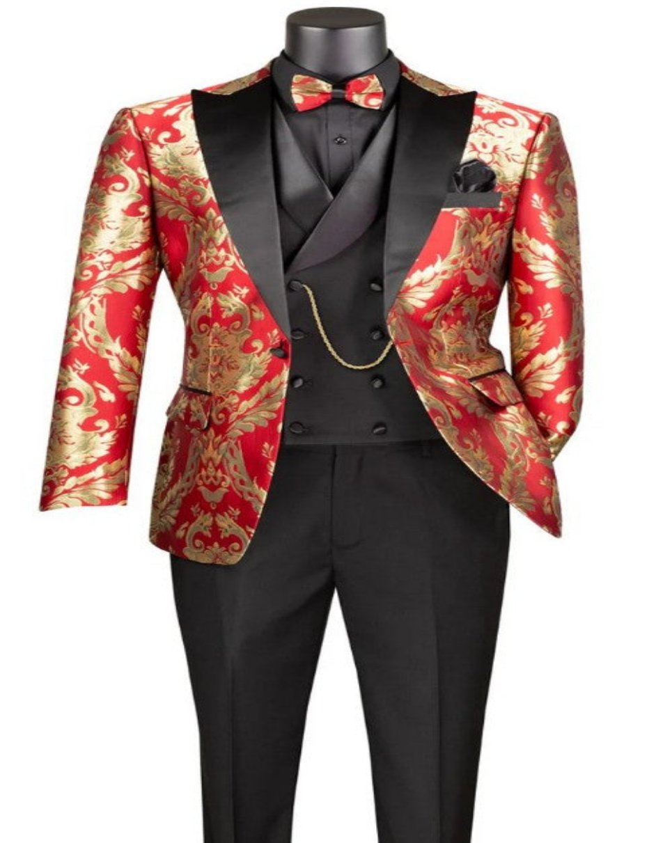 Mens Shiny Paisley Vested Wedding and Prom 2026 Tuxedo in Red and Gold - 34 Short or Extra Small