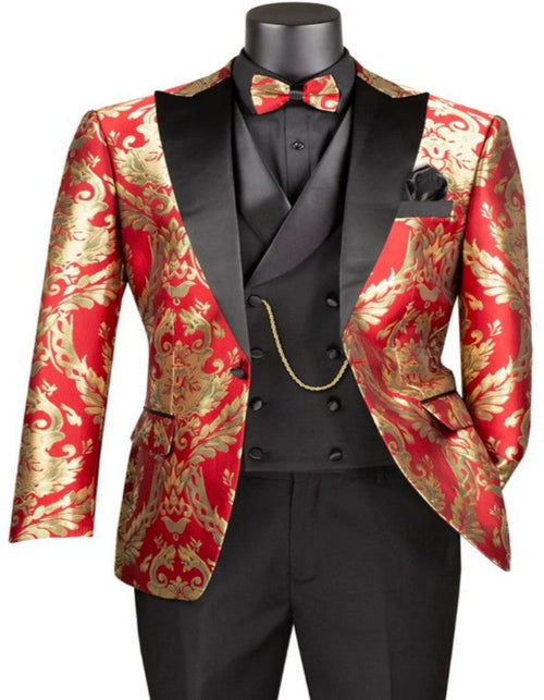 Mens Shiny Paisley Vested Wedding and Prom 2026 Tuxedo in Red and Gold