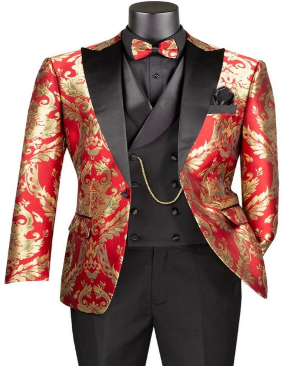 Mens Shiny Paisley Vested Wedding and Prom 2026 Tuxedo in Red and Gold - 34 Short or Extra Small