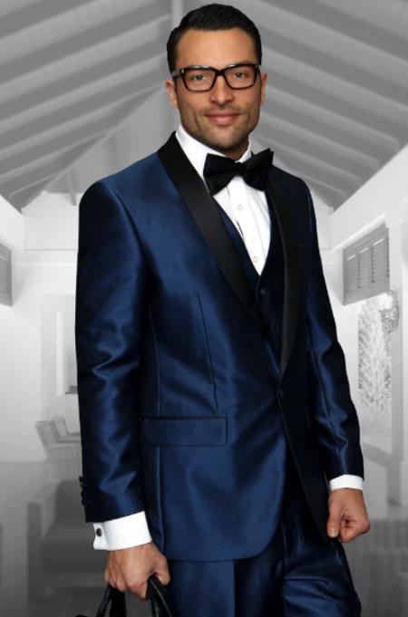 Shiny Indigo Tuxedo - Sharkskin Royal Blue Tuxedo Suit - 38 Short Jacket+32 Waist Adjustable 28to34)(Height: 5 4 to5 7 )(Neck  15-16.5)S-M)