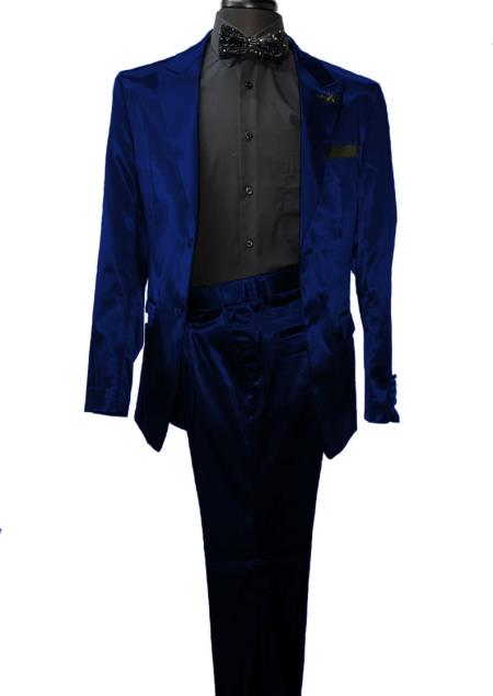 Mens Shiny Notch Lapel Blazer - Royal Blue Sateen Vested Suit