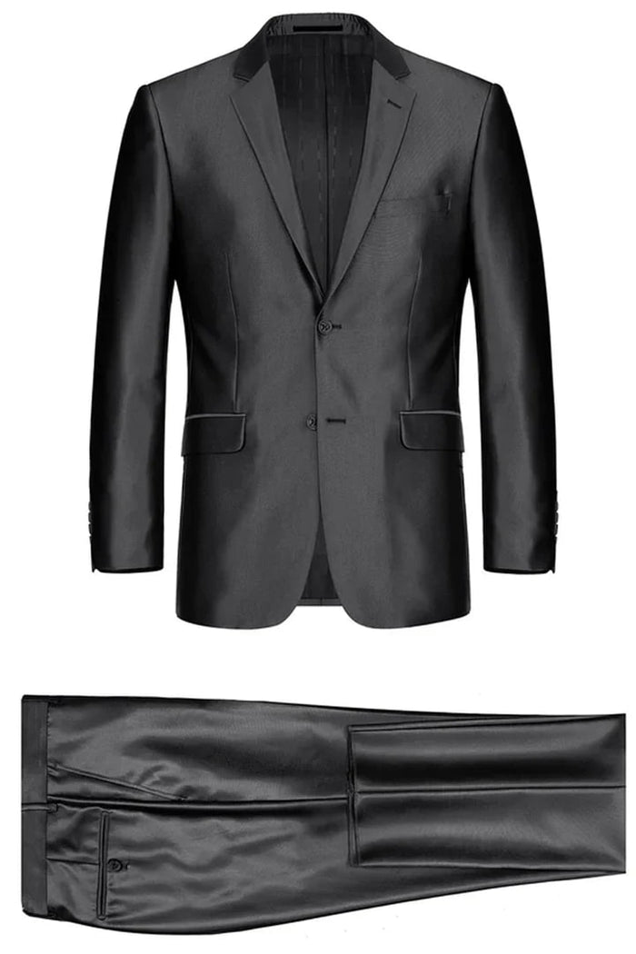 Cheap Priced Suit- Mens Basic Two Button Classic Fit  Suit With Optional Vest In Shiny Black Sharkskin