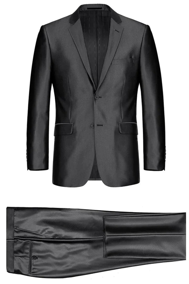 Cheap Suit - Mens Basic Two Button Classic Fit  Suit With Optional Vest In Shiny Black Sharkskin - 38 Short Jacket+32 Waist Adjustable 28to34)(Height: 5 4 to5 7 )(Neck  15-16.5)S-M)