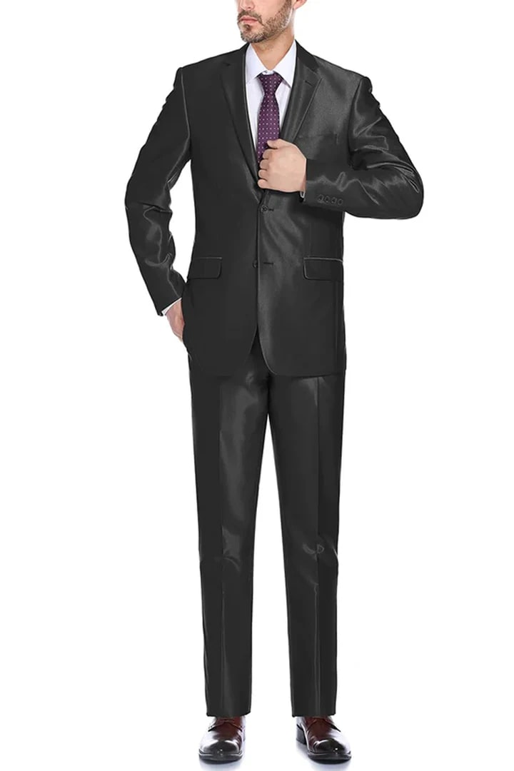 Cheap Suit - Mens Basic Two Button Classic Fit  Suit With Optional Vest In Shiny Black Sharkskin - 38 Short Jacket+32 Waist Adjustable 28to34)(Height: 5 4 to5 7 )(Neck  15-16.5)S-M)