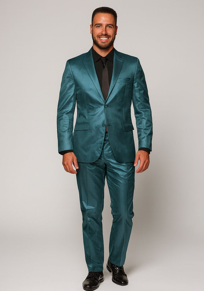 Shiny Teal Suit - Shiny Tuxedo - 38 Short Jacket+32 Waist Adjustable 28to34)(Height: 5’4”to5’7”)(Neck 15-16.5)S-M)