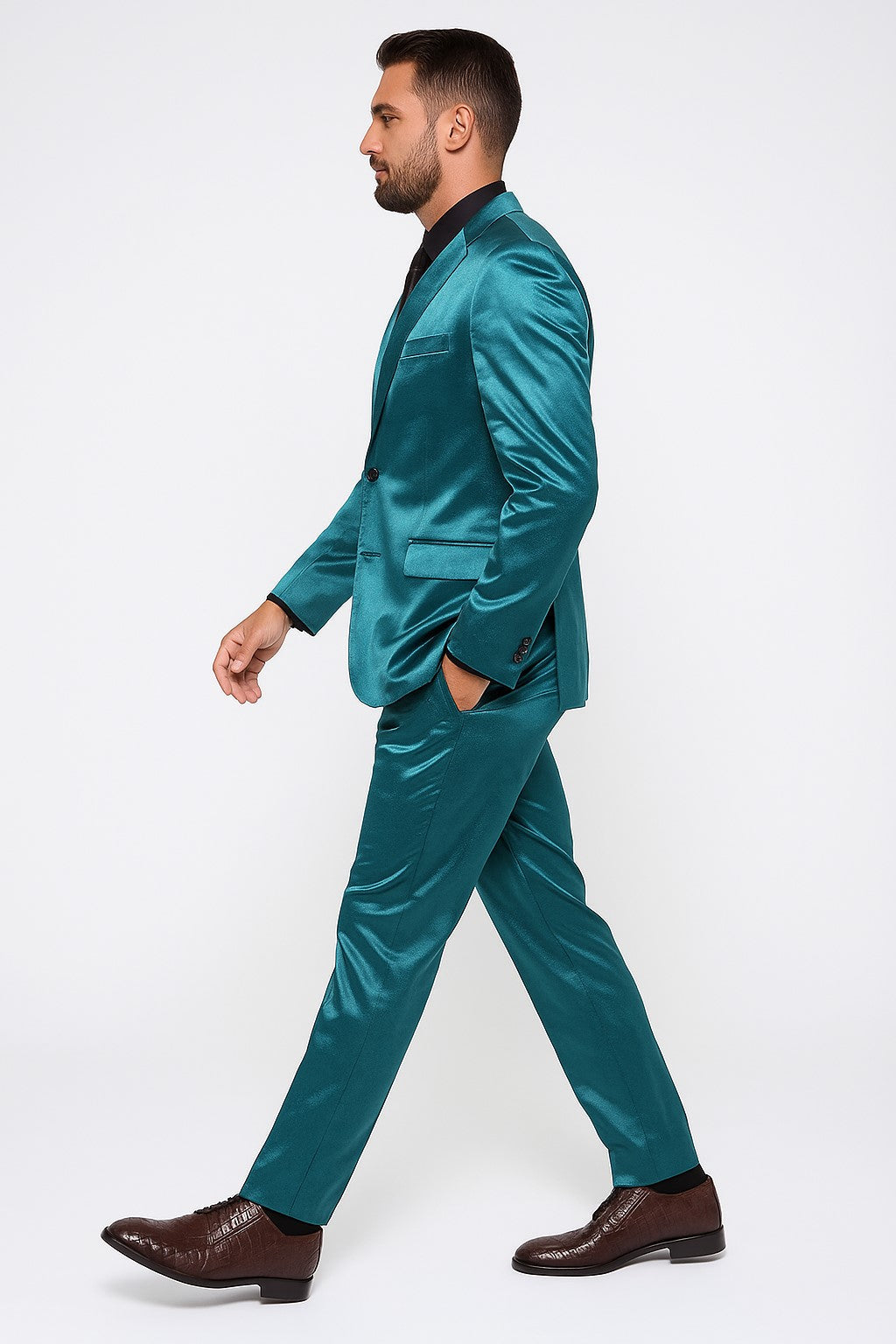 Shiny Teal Suit - Shiny Tuxedo - 38 Short Jacket+32 Waist Adjustable 28to34)(Height: 5’4”to5’7”)(Neck 15-16.5)S-M)
