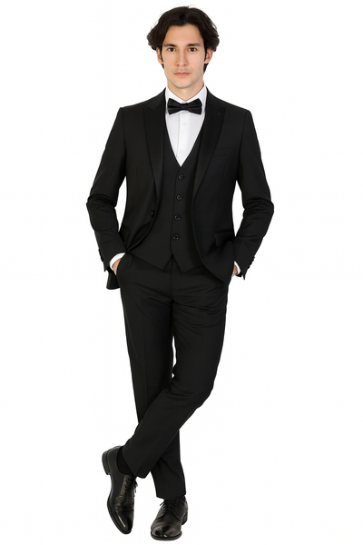 Mens 3-Piece Slim-Fit Shiny All Satin Suit Black