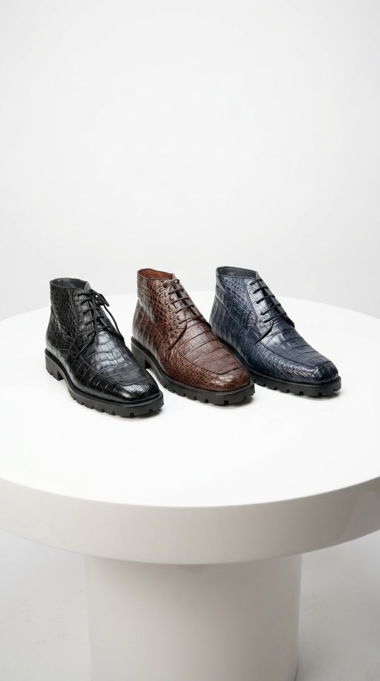 Los Altos Men’s All-Over Crocodile Lace Up Ankle Boot, Dress Boot in Black, Brown and Navy Blue