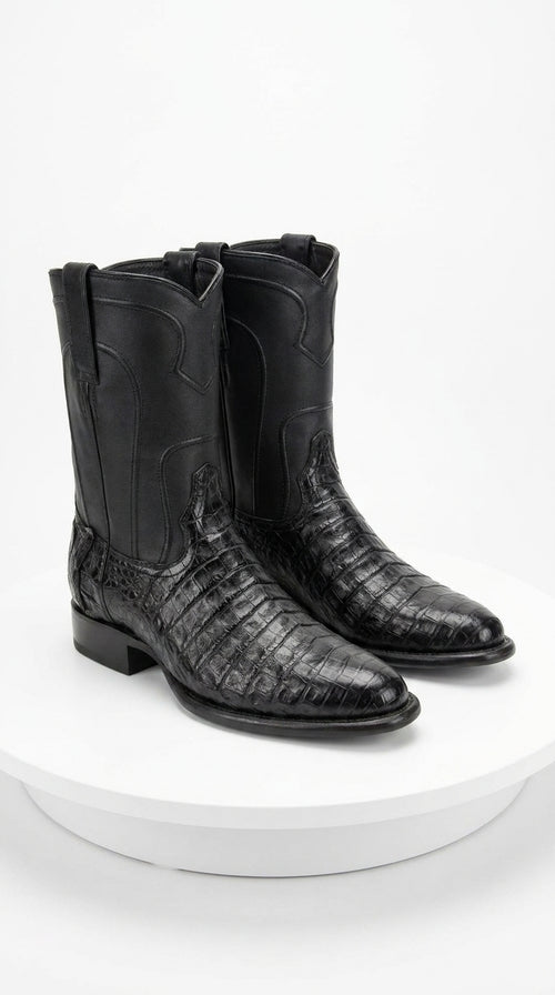 Men’s Black Caiman Belly Roper Boots, Exotic Western Cowboy Dress Boots