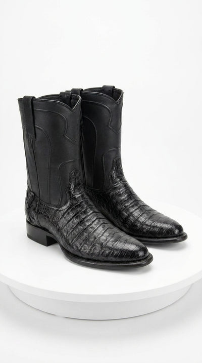 Men’s Black Caiman Belly Roper Boots, Exotic Western Cowboy Dress Boots