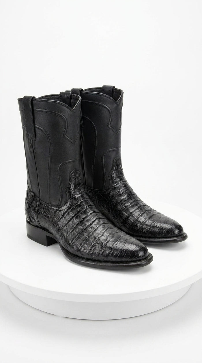 Men’s Black Caiman Belly Roper Boots, Exotic Western Cowboy Dress Boots
