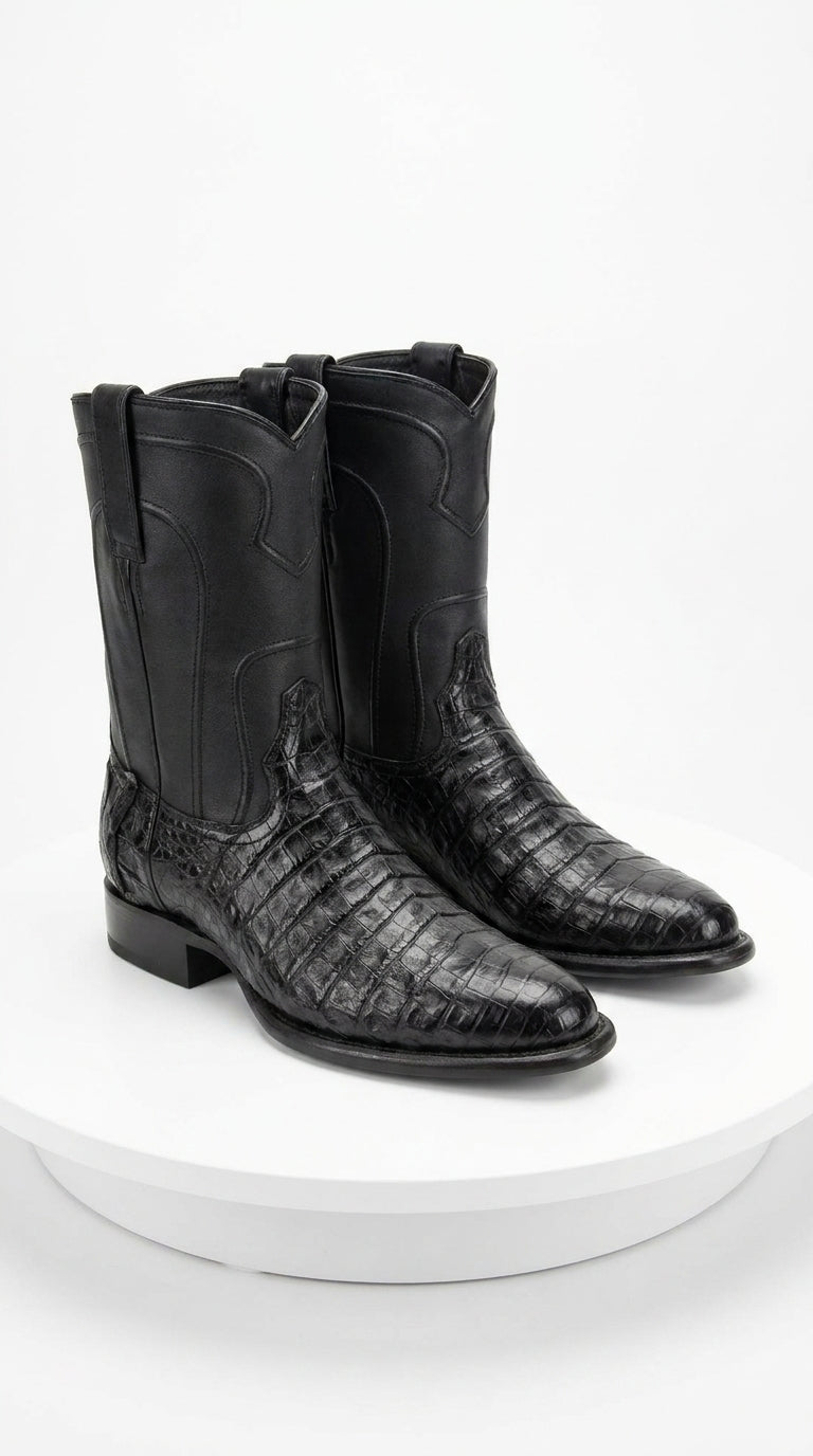 Men’s Black Caiman Belly Roper Boots, Exotic Western Cowboy Dress Boots