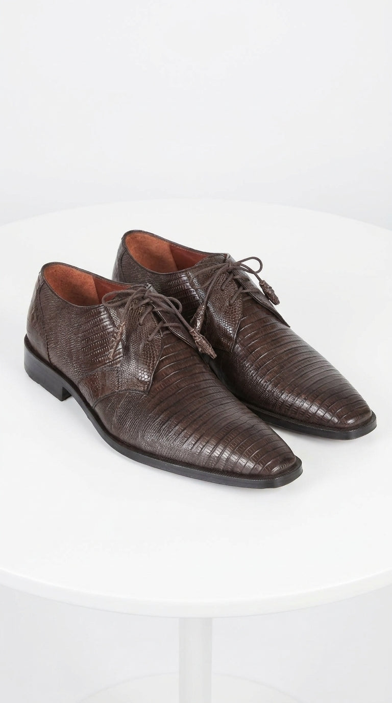 Men’s Original Exotic Teju Lizard Skin Shoes ZV080707, Brown Lace-Up Formal Dress Shoes