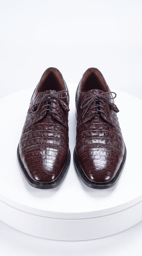 Men’s Original Exotic Caiman Belly Skin Shoes ZV098207, Brown Lace-Up Formal Dress Shoes