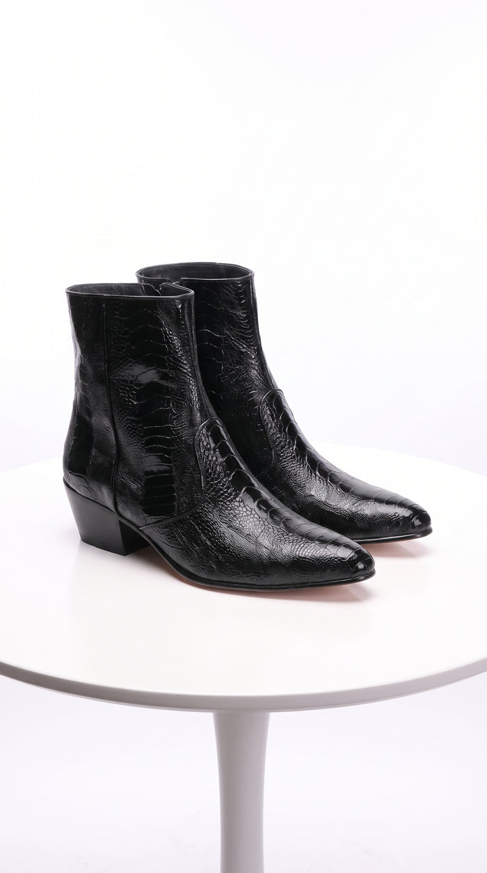 Los Altos Men’s Black Ostrich Ankle Dress Boots, Genuine Exotic Higher Heel Dress Boots