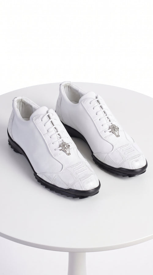 Men’s White Ostrich Leg Leather Sneaker LAB-ZC091928, Exotic Lace-Up Casual Dress Shoes