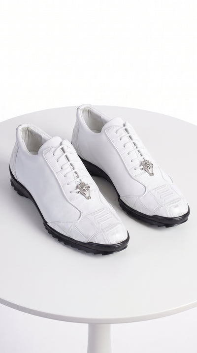 Men’s White Ostrich Leg Leather Sneaker LAB-ZC091928, Exotic Lace-Up Casual Dress Shoes