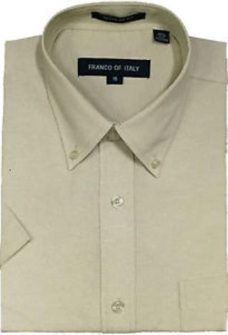 Oxford Summer Wear Basic Button Down Short Sleeve Khaki Men's Dress Shirt - 15.5" Neck / 34-35" Sleeve