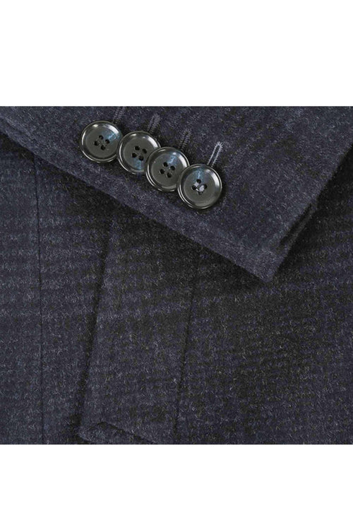 Blue Tone-on-tone Glen Plaid Slim Fit Wool Blend Short Coat with Detachable Full Zipper