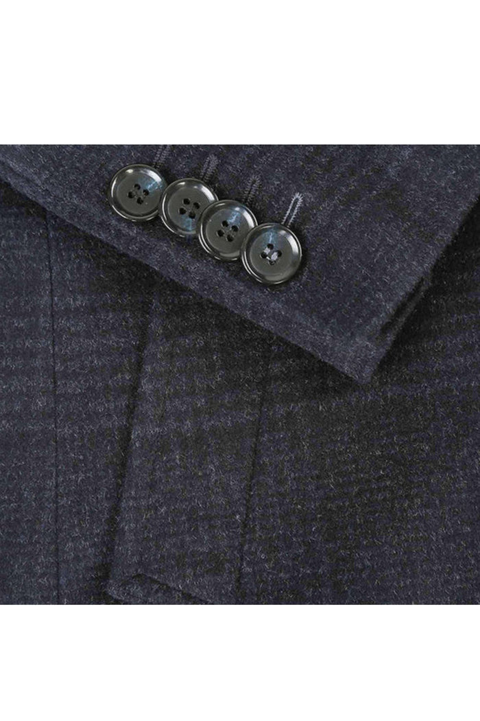 Blue Tone-on-tone Glen Plaid Slim Fit Wool Blend Short Coat with Detachable Full Zipper
