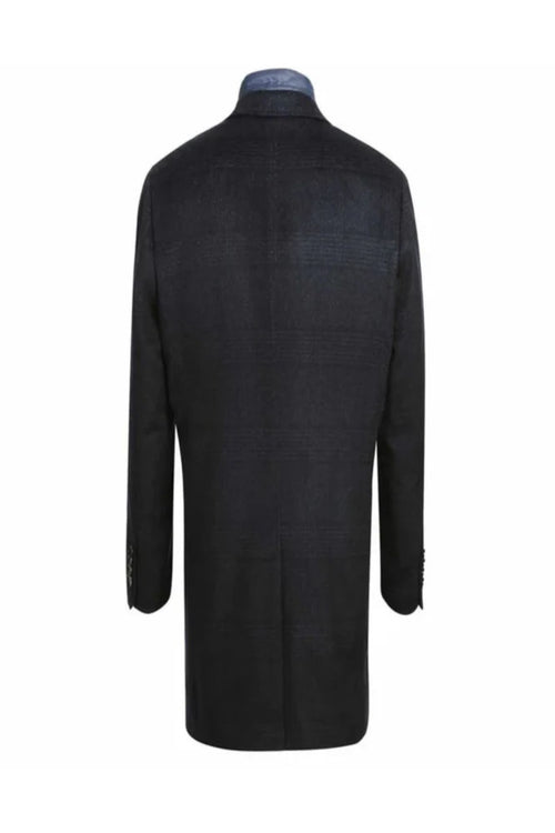 Blue Tone-on-tone Glen Plaid Slim Fit Wool Blend Short Coat with Detachable Full Zipper