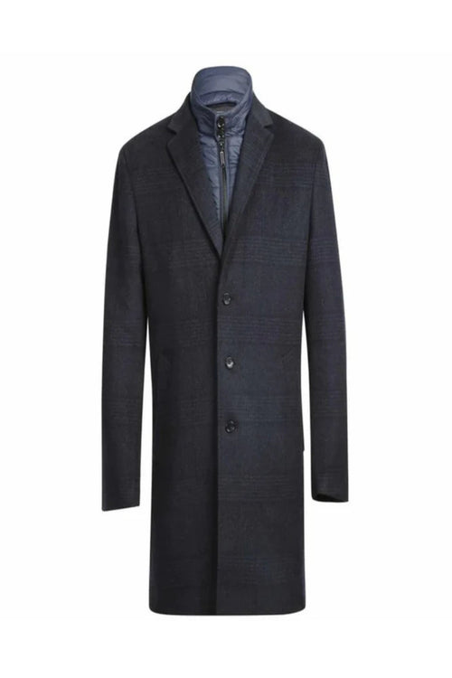 Blue Tone-on-tone Glen Plaid Slim Fit Wool Blend Short Coat with Detachable Full Zipper