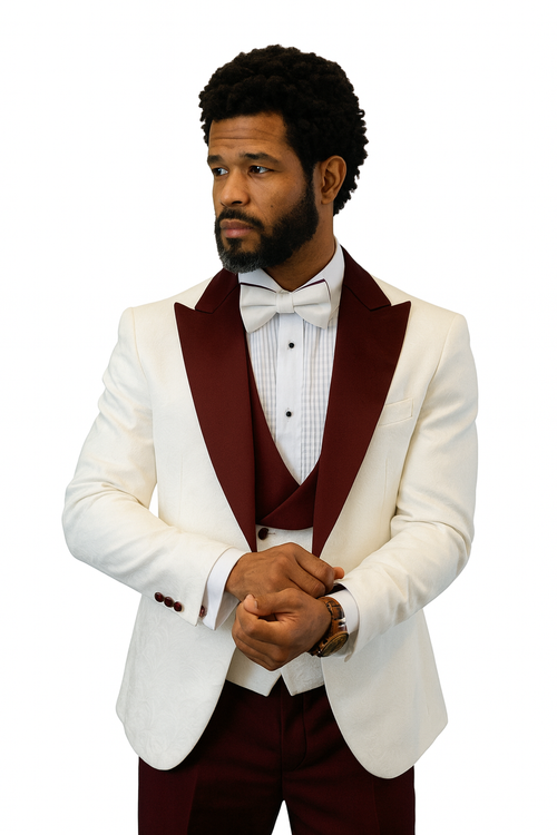 Hilton White and Burgundy Paisley Peak Lapel Tuxedo Jacket with Matching Shawl Vest and Wool Pants Includes Bow Tie