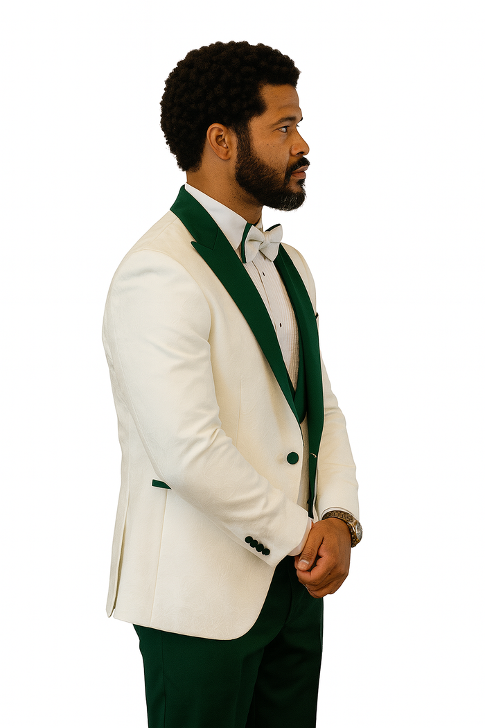 Hilton White and Hunter Green Paisley Peak Lapel Tuxedo Jacket with Matching Shawl Vest and Wool Pants Includes Bow Tie