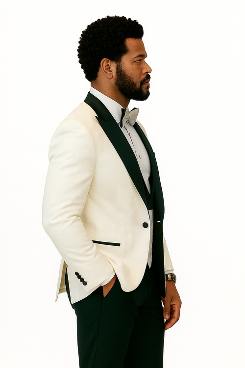 Hilton White and Black Paisley Peak Lapel Tuxedo Jacket with Matching Shawl Vest and Wool Pants Includes Bow Tie