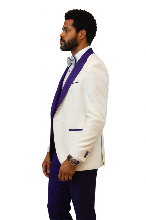 Hilton White and Purple Paisley Peak Lapel Tuxedo Jacket with Matching Shawl Vest and Wool Pants Includes Bow Tie