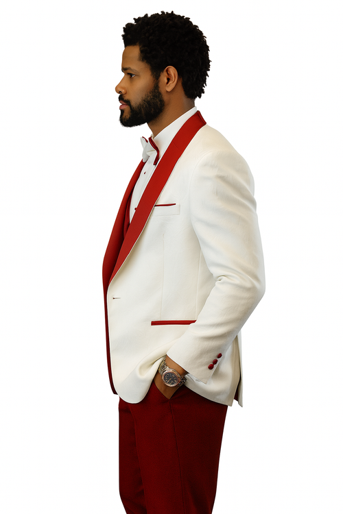 Hilton White and Red Paisley Peak Lapel Tuxedo Jacket with Matching Shawl Vest and Wool Pants Includes Bow Tie