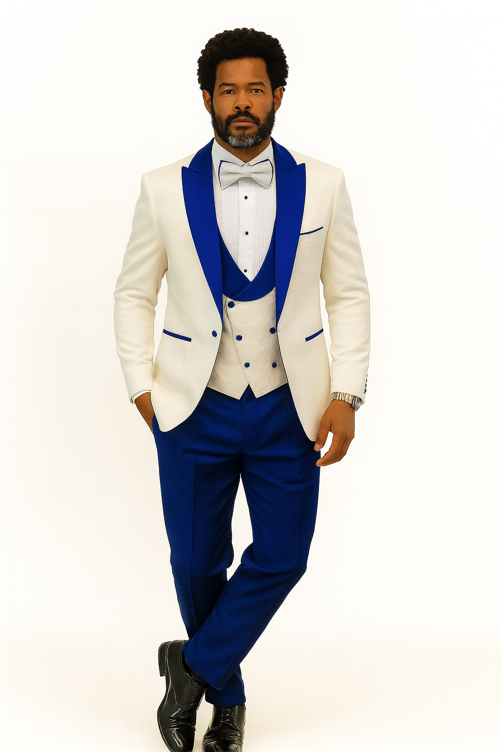 Hilton White and Royal Blue Paisley Peak Lapel Tuxedo Jacket with Matching Shawl Vest and Wool Pants – Includes Bow Tie - 34 Short or Extra Small