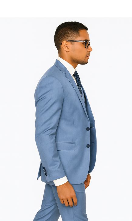 Sharkskin Textured 3-Piece Steel Blue - Dusty Blue Suit - 38 Short Jacket+32 Waist Adjustable 28to34)(Height: 5’4”to5’7”)(Neck 15-16.5)S-M)