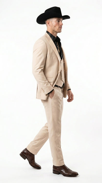Mens Light Beige Western 3-Piece Suit – Cowboy Tuxedo with Shawl Lapel