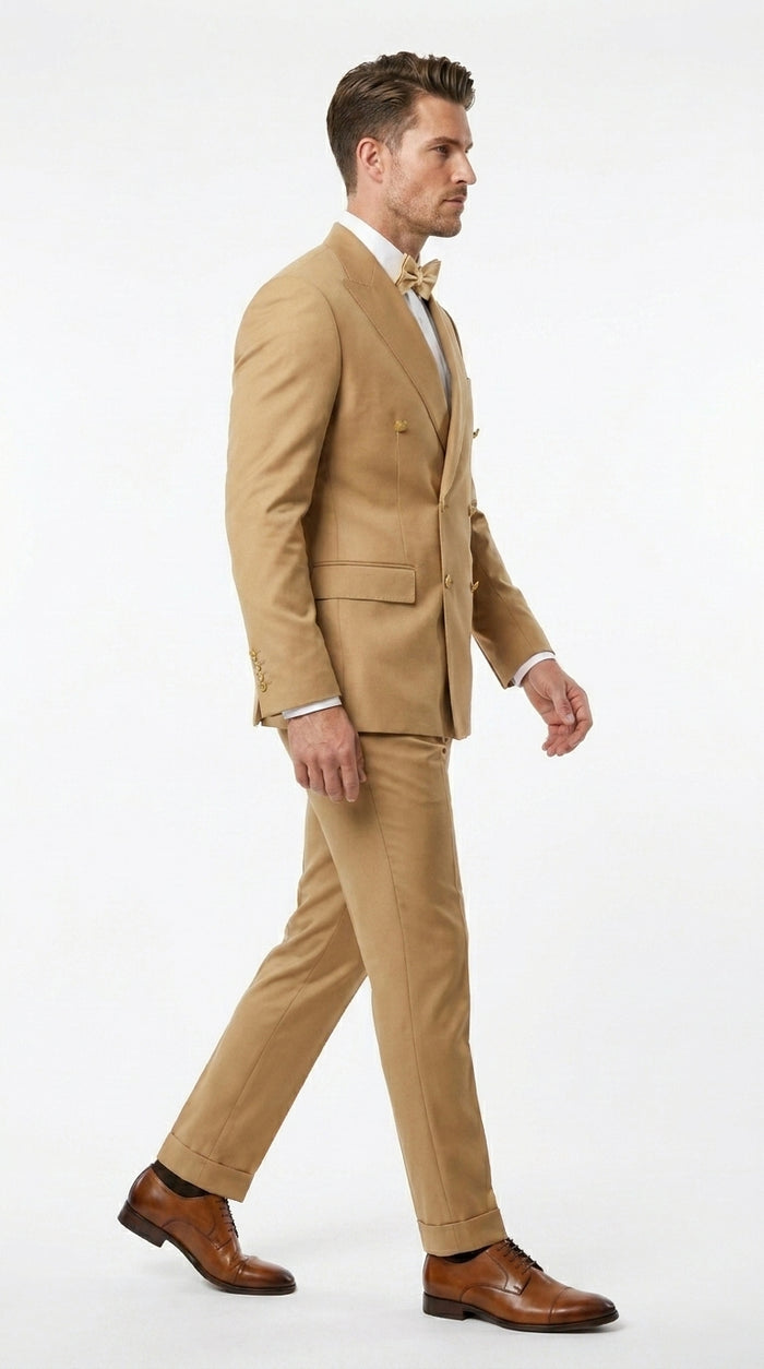 Rossiman Men’s Mustard Yellow Double Breasted Suit, Designer Fashion Dress Suit for Weddings, Prom, Parties, and Special Occasions